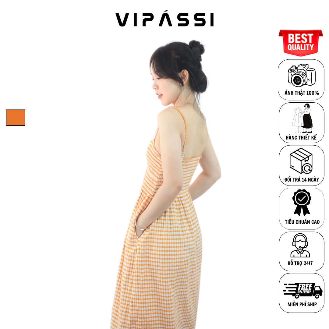 VIPÁSSI- Đầm Hai Dây Ca Rô Cam Có Túi Ôm Body