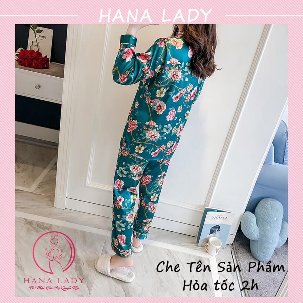 Đồ bộ ngủ pijama lụa mặc nhà mềm mại họa tiết hoa xanh PJ532