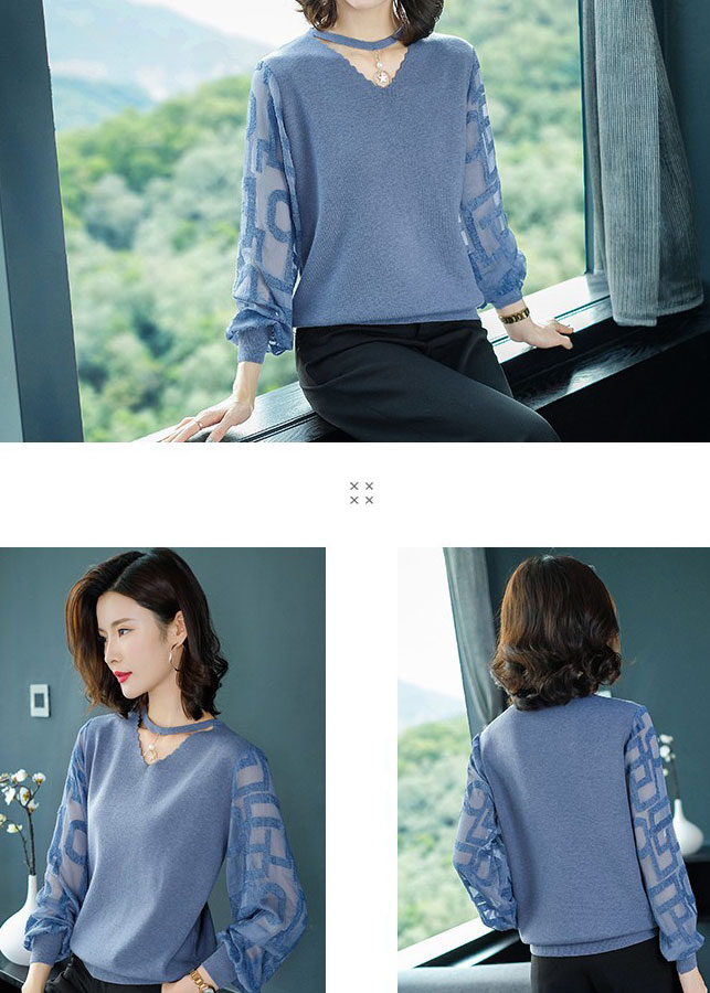 Áo kiểu nữ dài tay, tay áo hoa văn -AL99889