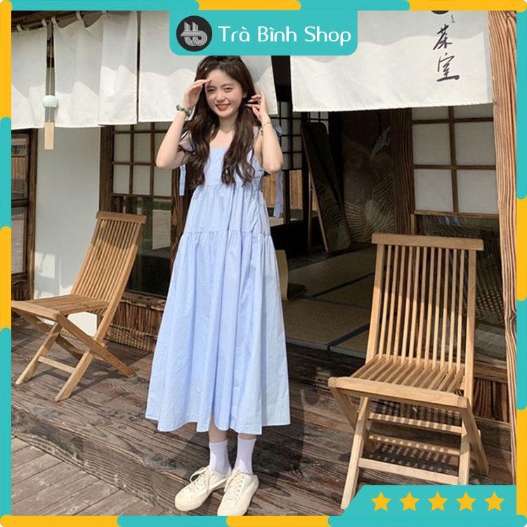 Đầm 2 dây thắt nơ vai chất đũi form rộng Váy babydoll đuôi cá siêu xinh
