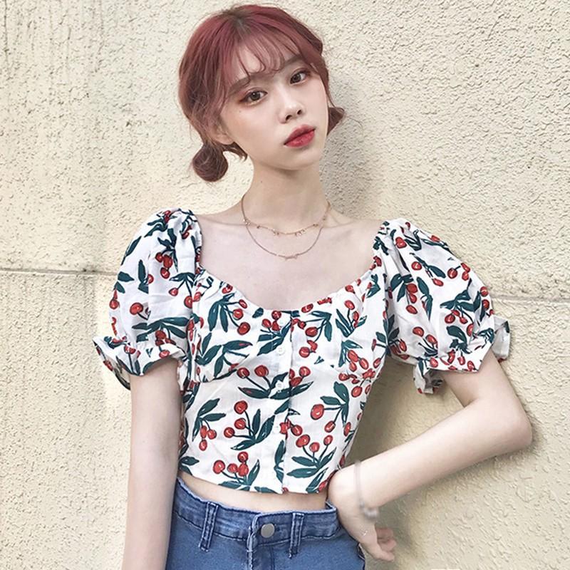 Áo Kiểu Tay Phồng Cổ Vuông Hoạ Tiết Hoa Phong Cách Vintage