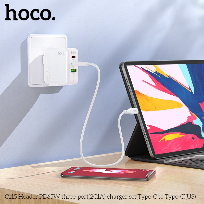 Bộ sạc nhanh 65W chân sạc Typec cao cấp cho điện thoại tiện lợi với 2 cổng type-C, 1 cổng USB an toàn chống cháy nổ  - Hàng nhập khẩu