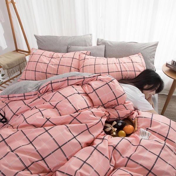 Bộ chăn ga gối phong cách Hàn Quốc caro hồng bo chun đủ kích thước