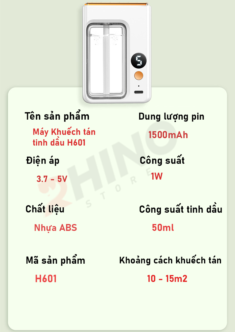 Máy phun sương tinh dầu Rhino H601 tạo ẩm 5 chế độ, tích điện, nhỏ gọn, dán tường - Hàng chính hãng