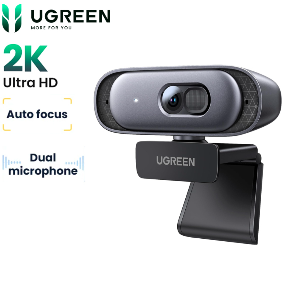Webcam cho PC Ugreen 35626, Webcam tự động lấy nét hỗ trợ 2K@30Hz, Full HD 1080p@60fps, Micro kép - Hàng Chính Hãng