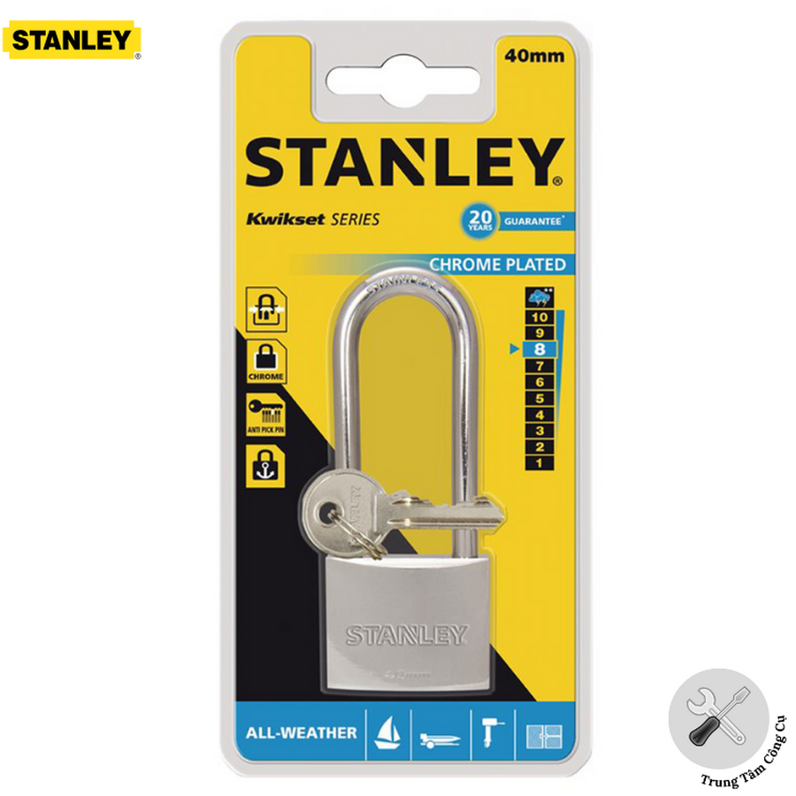 Ổ Khóa Stanley USA, Chrome trắng, càng dài, rộng 40mm- S742-016