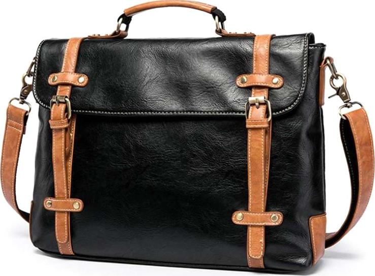 Men's Fashion Business Pu Leather Messenger Bag - Black