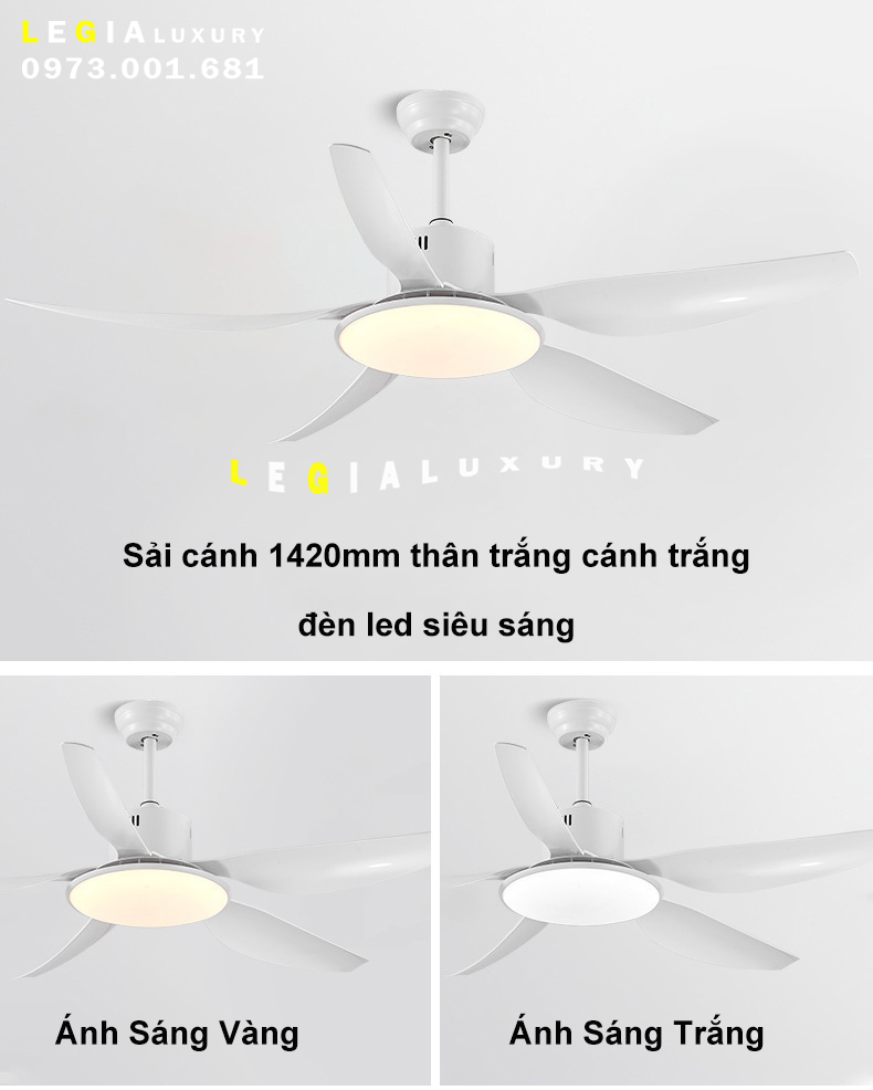 Quạt Trần Hiện Đại Lê Gia LGFAN668T - Trắng | Quạt Trần Đèn