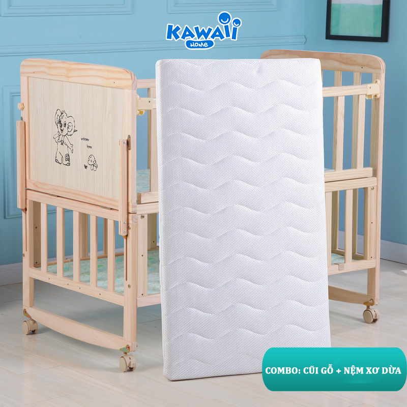 Cũi Cho Bé ( Kèm Quây Hoàng Gia Và Màn ), Cũi Em Bé 2 Tầng Gỗ Thông Kích Thước 105x60x90