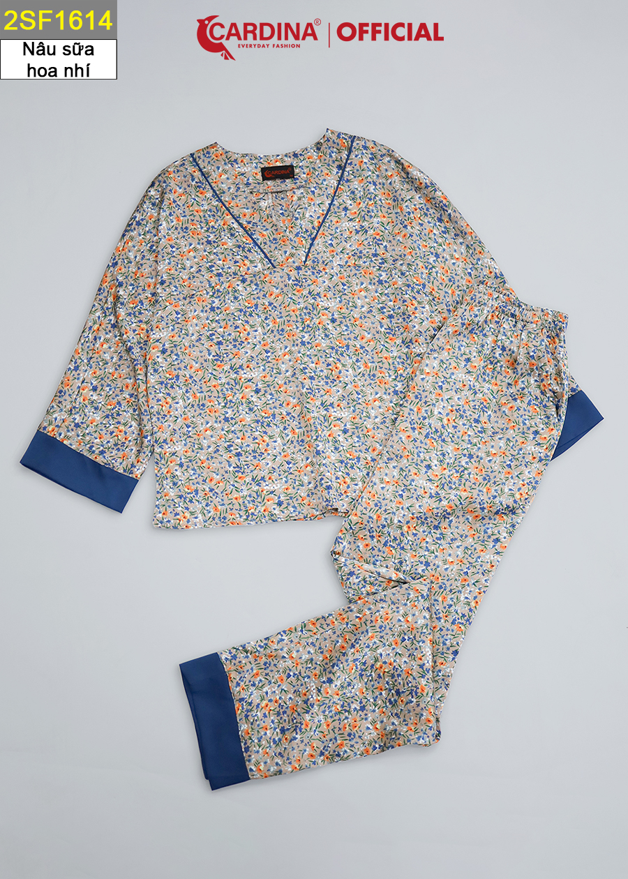 Đồ Bộ Nữ CARDINA Chất Lụa Satin Kiểu Dáng Kimono Nhật Cao Cấp Tay Vừa Quần Dài Họa Tiết 2SF16