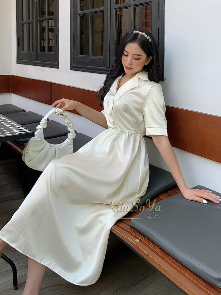 Đầm phi lụa cổ sơ mi form dài chất vải đẹp sang có chun sau lưng