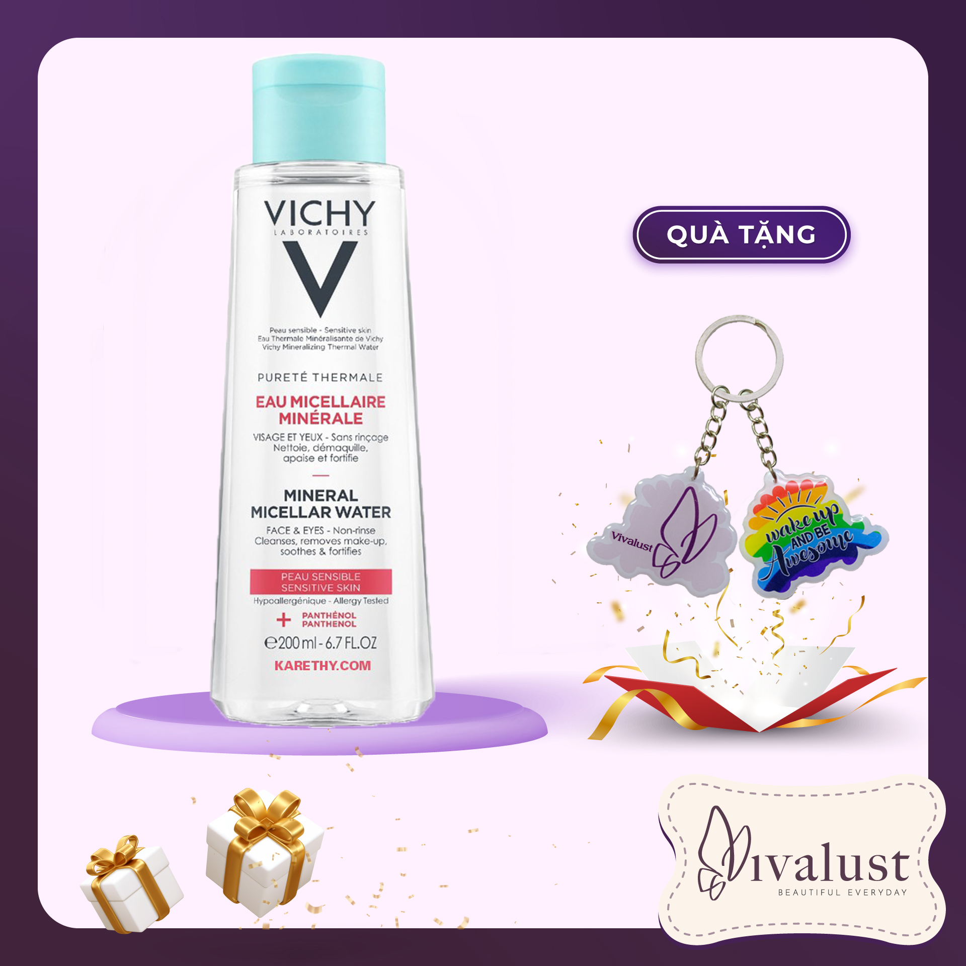 Nước tẩy trang dành cho da nhạy cảm VICHY Pureté Thermale Mineral Micellar Water (200ml) - Tặng Móc Khóa