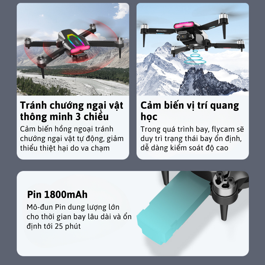 Flycam Mini F199 Pro Max Cảm Biến Tránh Vật Cản, Máy Bay Flycam 4k Camera Chống Rung 2 Trục, Bay Xa 1000m Động Cơ Không Chổi Than Siêu Bền Bỉ - Hàng Chính Hãng