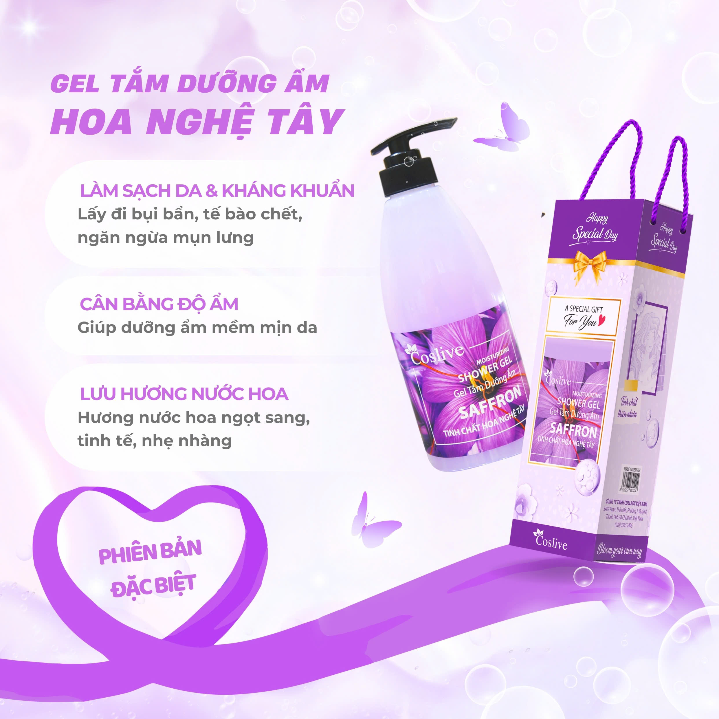 GEL TẮM KHÁNG KHUẨN TINH CHẤT HOA NGHỆ TÂY 700ML COSLIVE