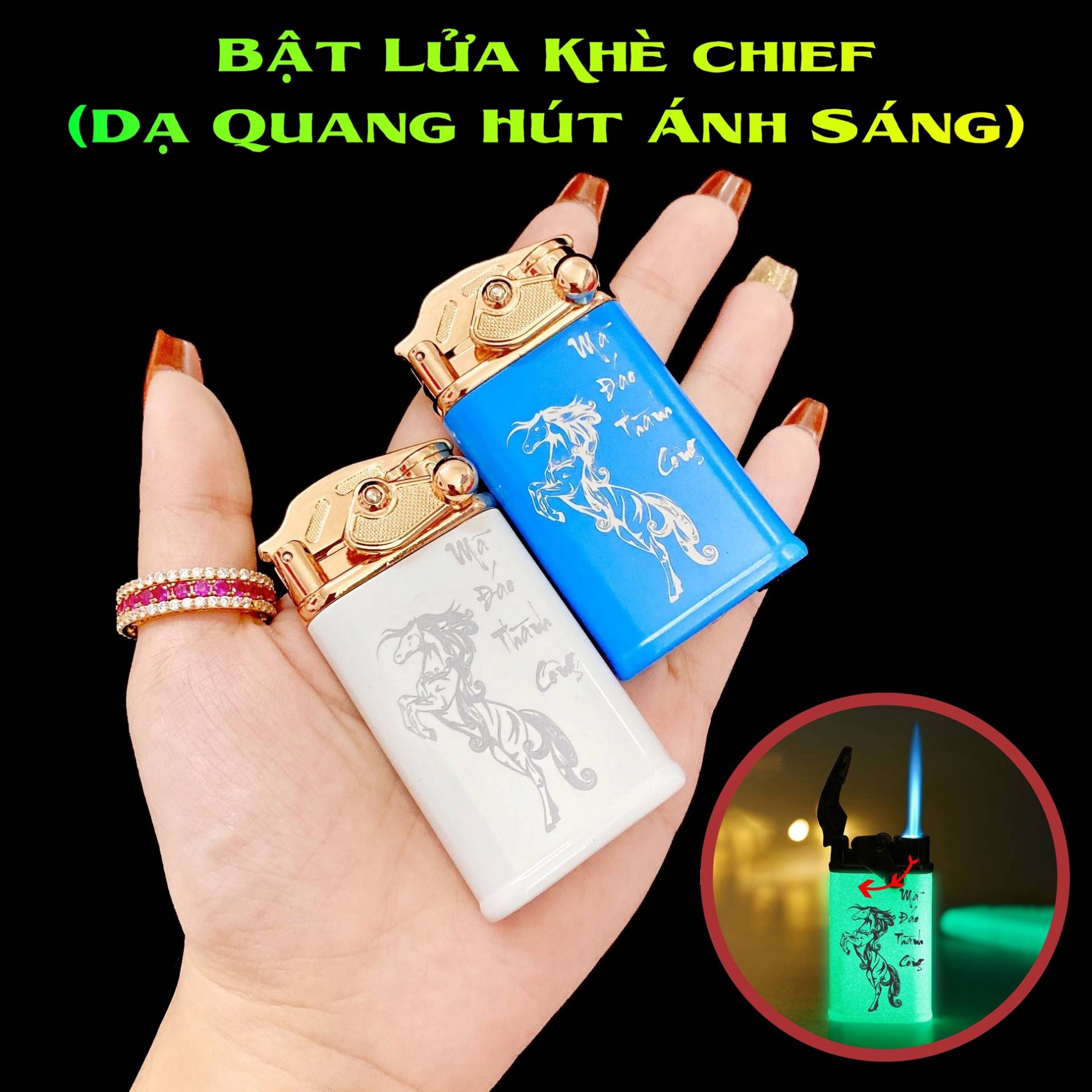 Hộp quẹt bật lửa khè Chief búng tay đánh lửa dạ quang hút ánh sáng hình mã đáo thành công - (xài gas)