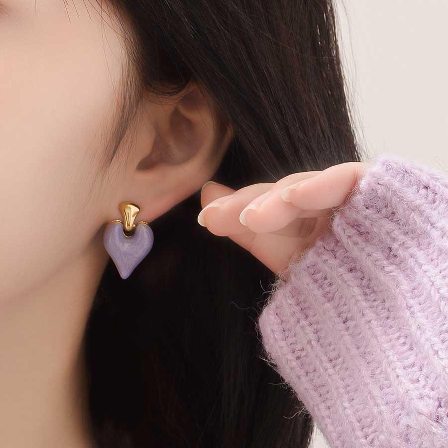 Bông tai nữ hình trái tim màu tím sang trọng phụ kiện trang sức YUNRI ACCESSORIES