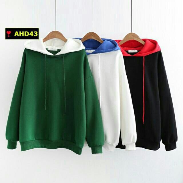 (40-58kg) Áo hoodie unisex nam/nữ chất nỉ bông mỏng. xanh lá phối trắng - trắng phối xanh dương - đen phối đỏ. Có ảnh thật treo tường