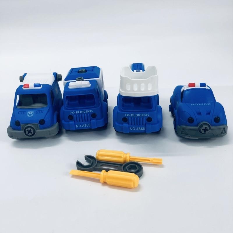 Xe ô tô cảnh sát, cứu thương, cứu hộ, combo 4 xe kèm cờ lê tua vít lắp ráp