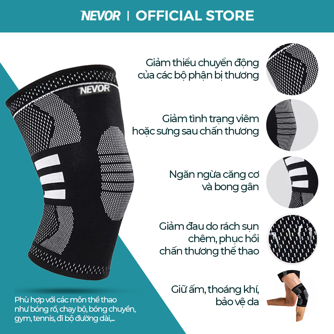 Bó Gối Thể Thao Nevor BDG03 Giúp Giảm Đau, Phòng Tránh Chấn Thương Dây Chằng Sử Dụng Cho Gym, Bóng Đá, Bóng Rổ