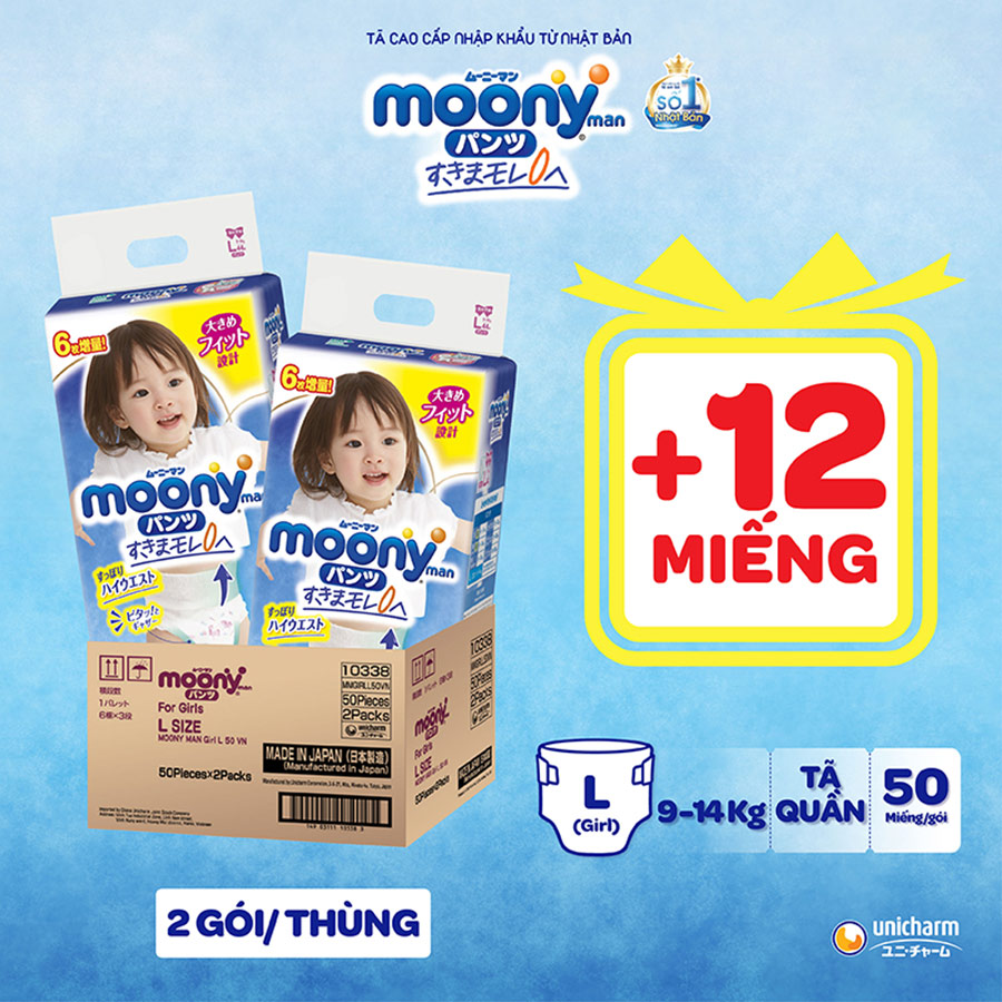 [CỘNG 12 MIẾNG] Thùng combo 2 gói tã quần Moony cao cấp L44+6 (Girl) - Nhập khẩu từ Nhật Bản