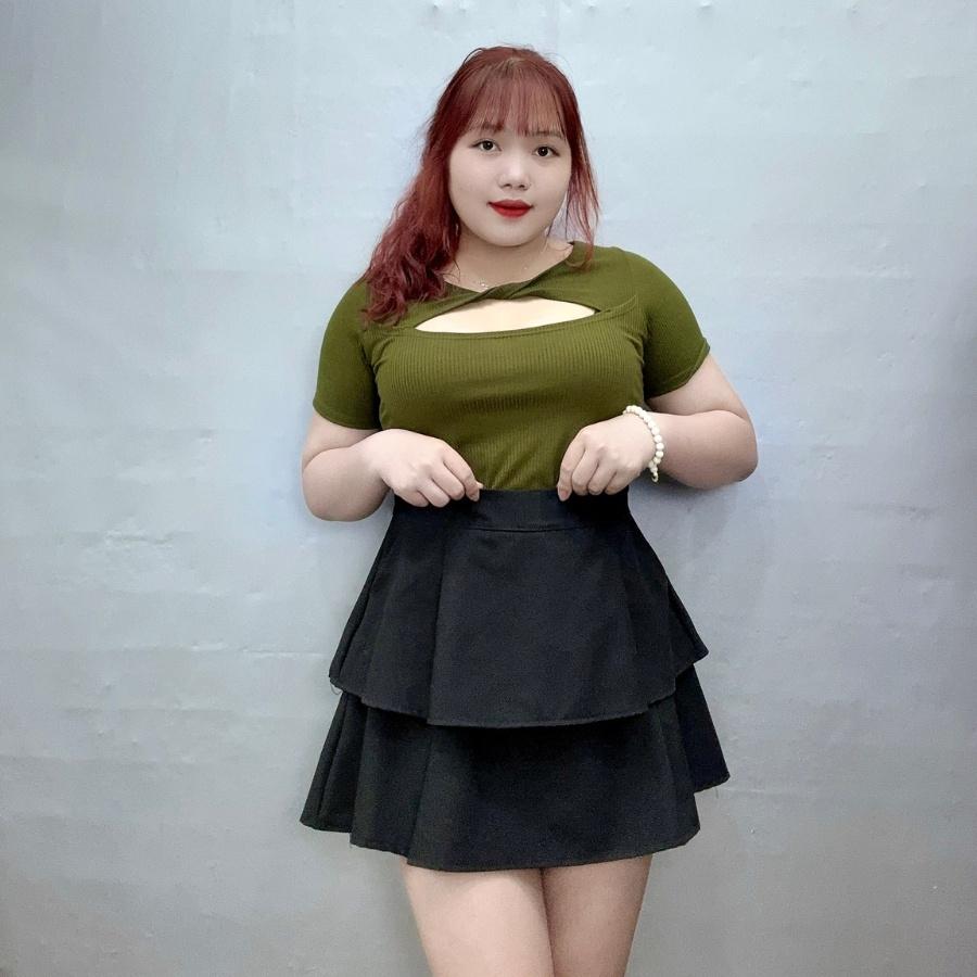 Áo thun tay ngắn xẻ ngực bigsize xoắn cổ tròn BIGSIZE CÔ NHỎ dáng croptop, Áo phông phom rộng 60-95kg G119