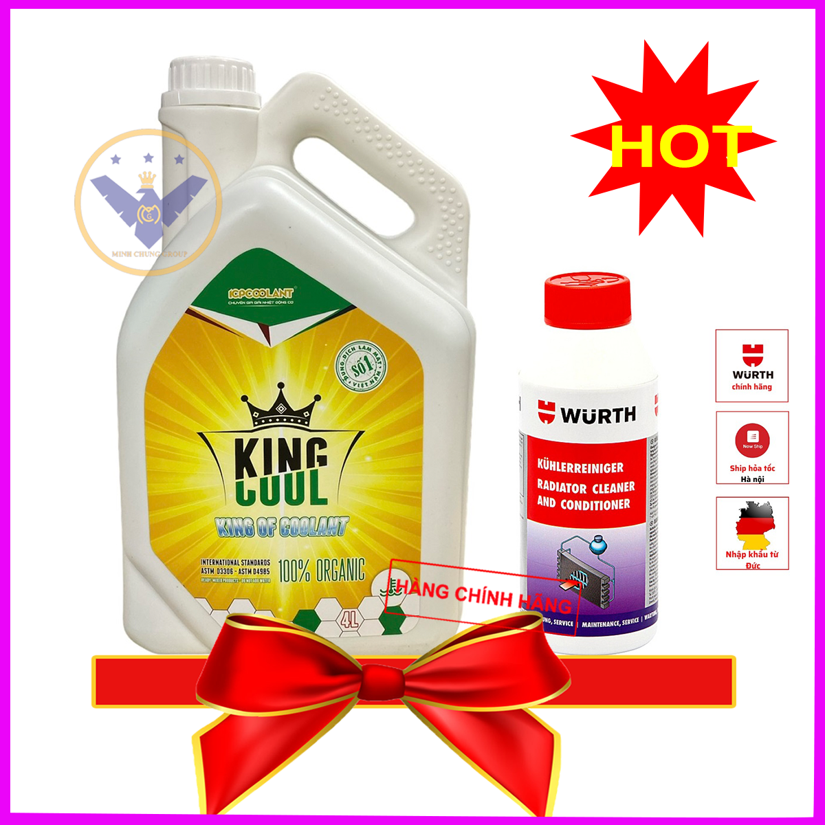 COMBO Nước làm mát xe ô tô màu xanh Kingcool 4L + Súc két nước Wurth 250ml