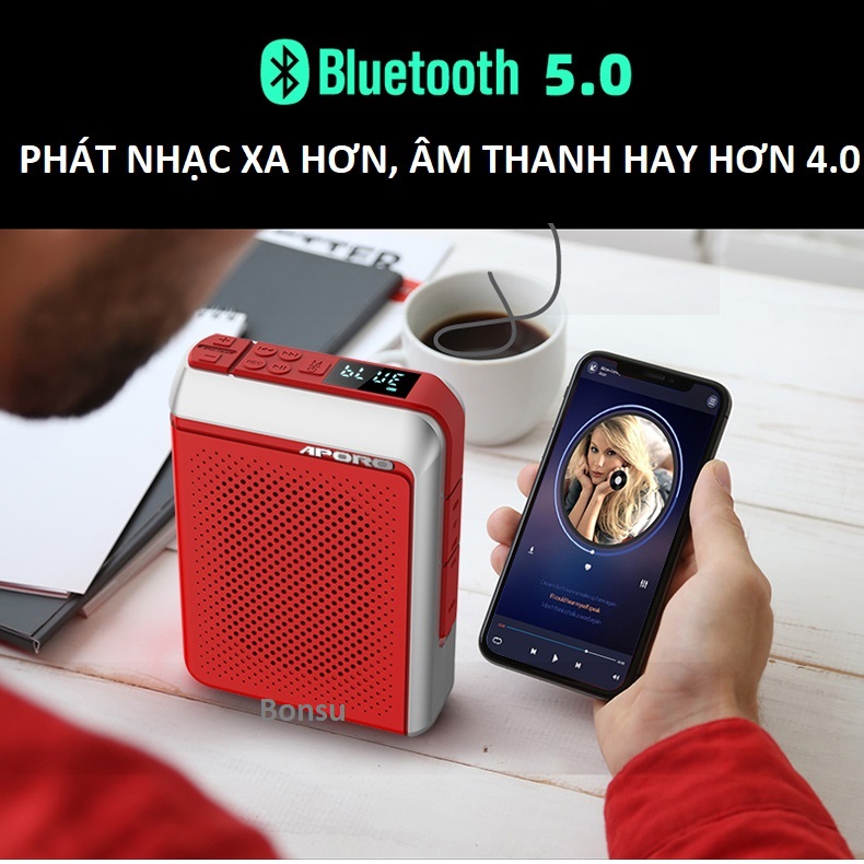 Loa trợ giảng Aporo T18 mic hạt gạo không dây dùng sóng 2.4G - hàng chính hãng