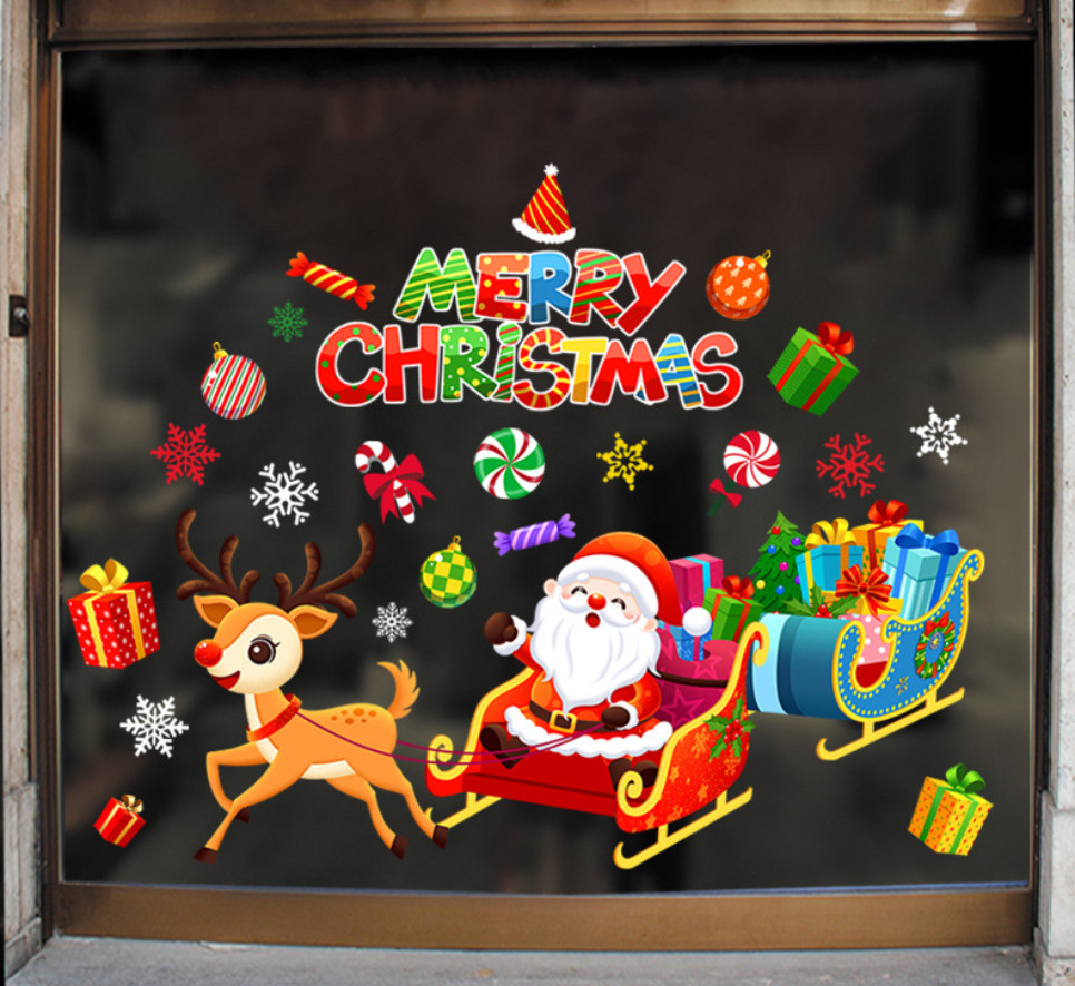 Decal trang trí Noel hít tĩnh điện - Tuần lộc kéo xe ông già Noel và xe quà