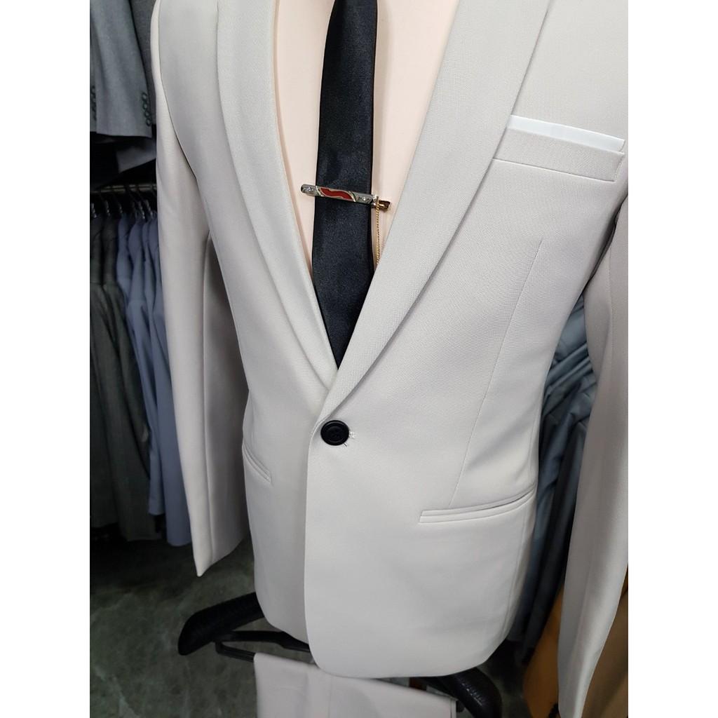 Bộ vest nam ôm body màu nude chất vải dày mịn co giãn tặng cà vạt kẹp