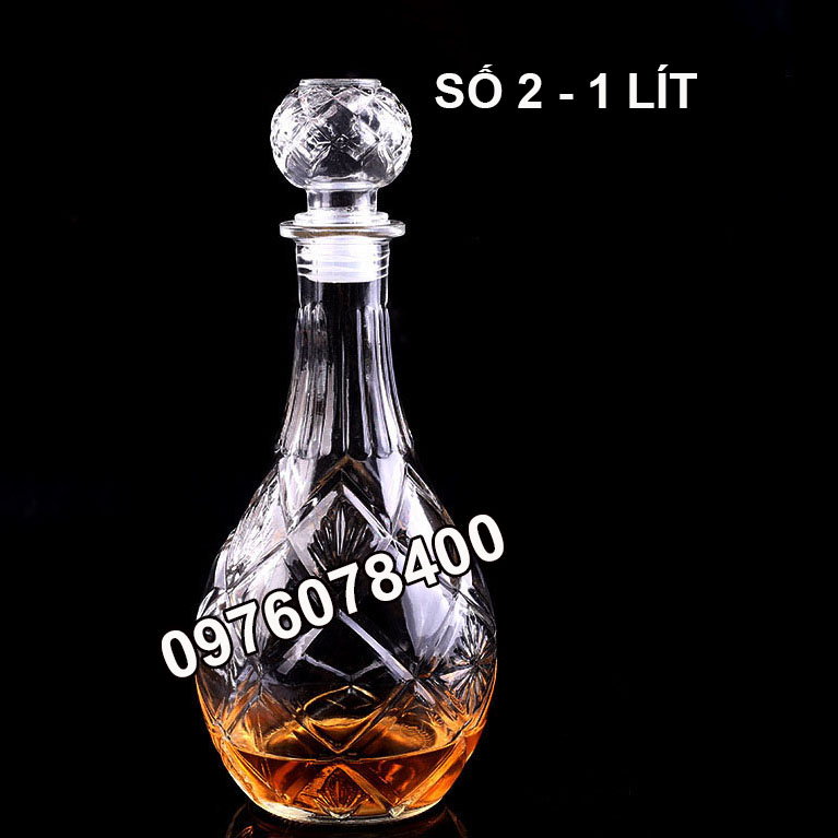 Bình Đựng Rượu Thủy Tinh Cao Cấp 1L. Mẫu giọt nước cổ cao hoa văn nổi