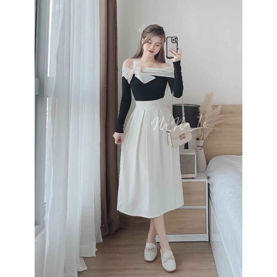 FREE SHIP váy áo tay dài phối nơ trên vai cực xinh kèm chân váy dáng xòe xếp ly tôn dáng sang chảnh KIM GIA DS