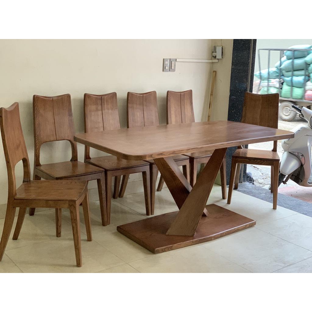 Bàn ăn 6 ghế gỗ sồi nga kiểu chân X