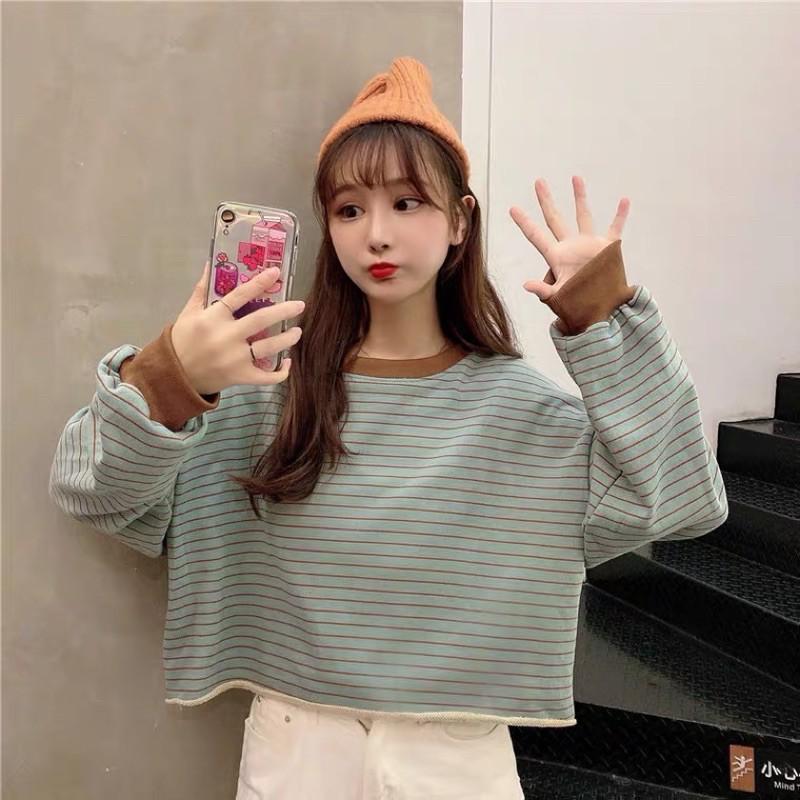Áo croptop nỉ da cá kẻ ngang dài tay
