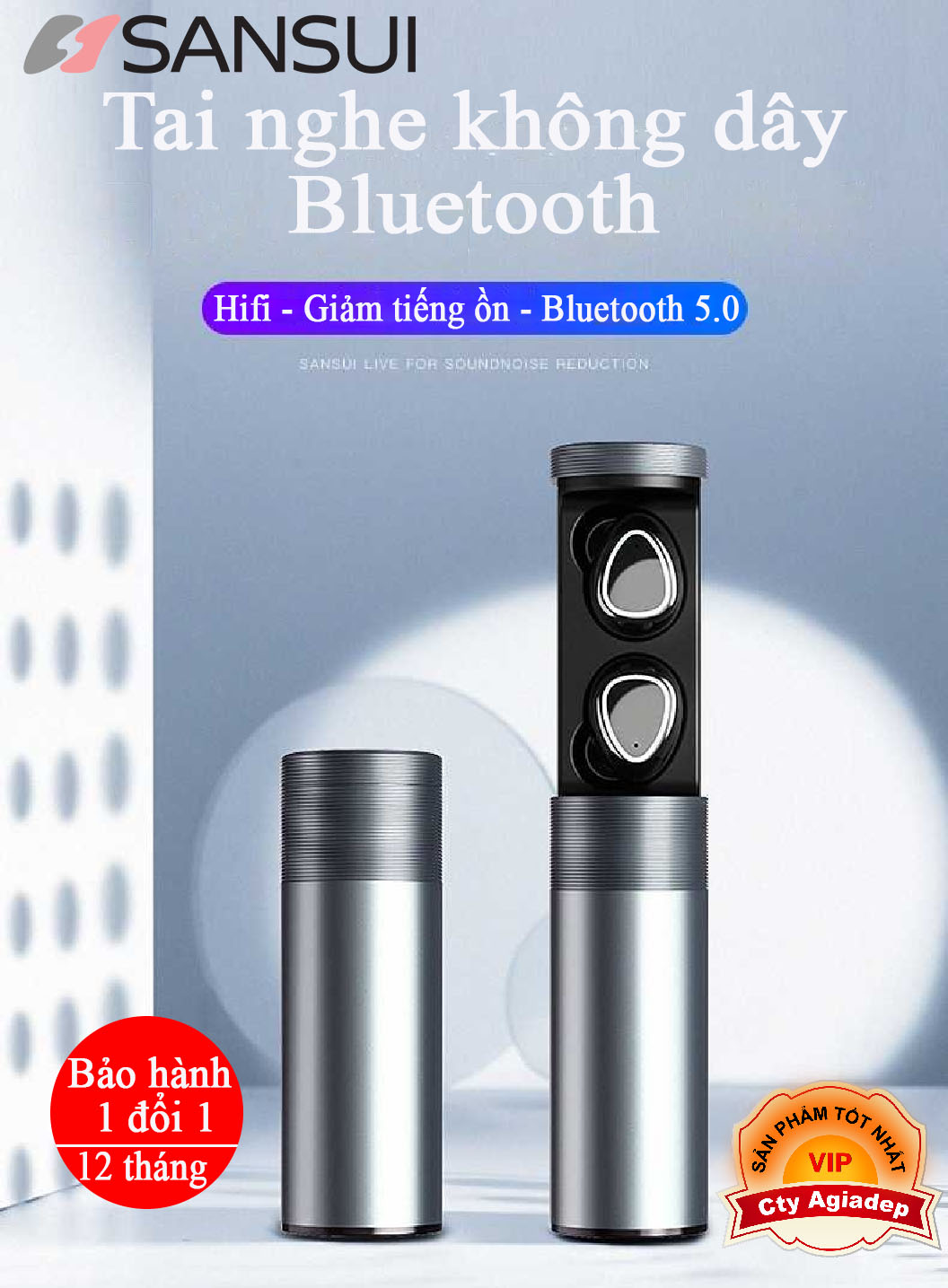 Tai nghe Bluetooth không dây 5.0 Cảm ứng Hàng hiệu Sansui (Âm thanh HiFi tuyệt hảo) Gồm Dock sạc gấp gọn hiện đại