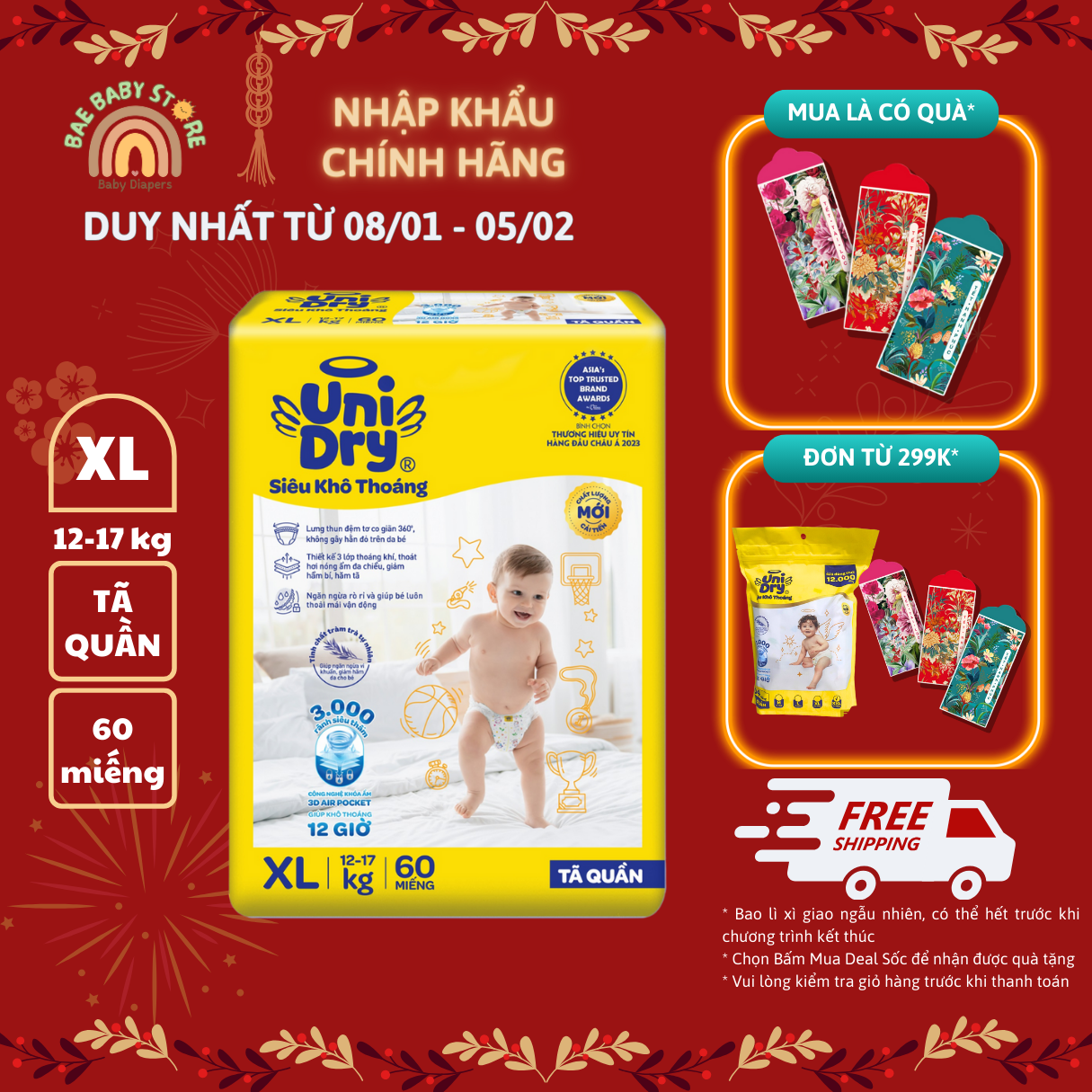 Tã quần UniDry Siêu khô thoáng gói Super Jumbo mới size M76/L68/XL60/XXL54