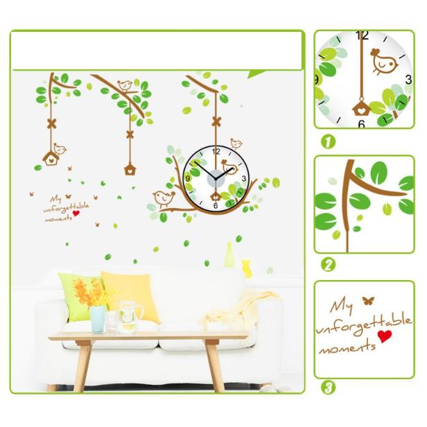 Decal Trang Trí Tường Kèm Đồng Hồ Dán Tường Cành Cây Con Chim Xanh