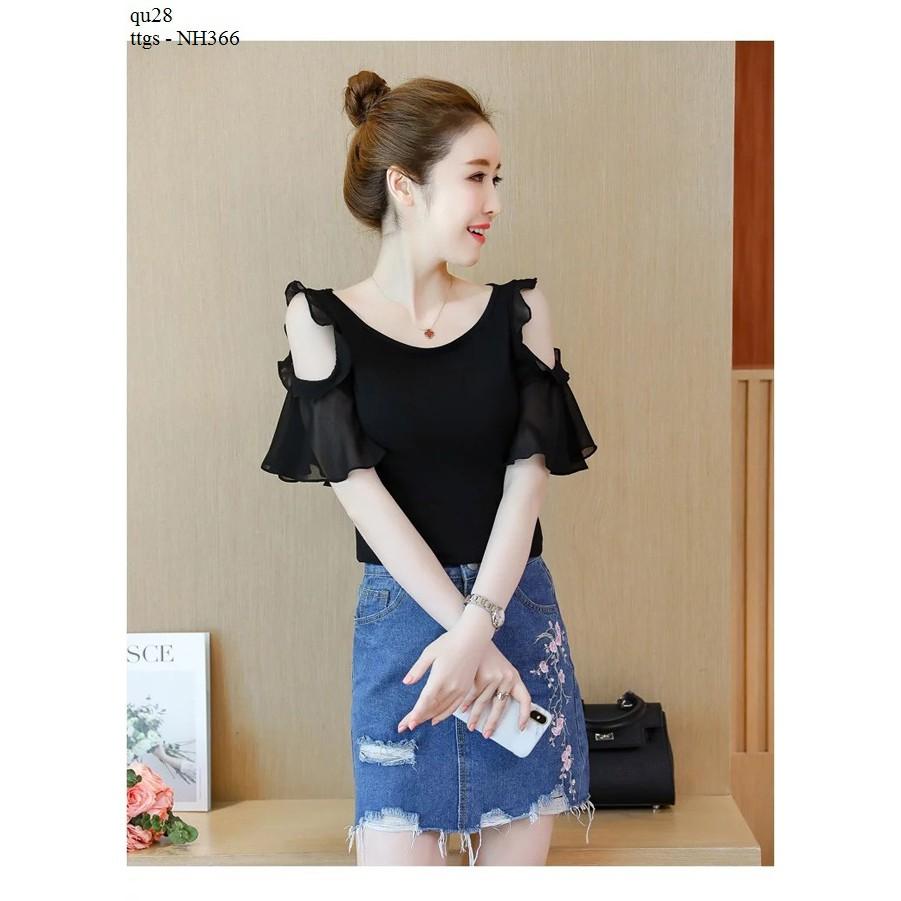 Ttgs - NH366 ÁO SƠ MI HỞ VAI PHỐI BÈO