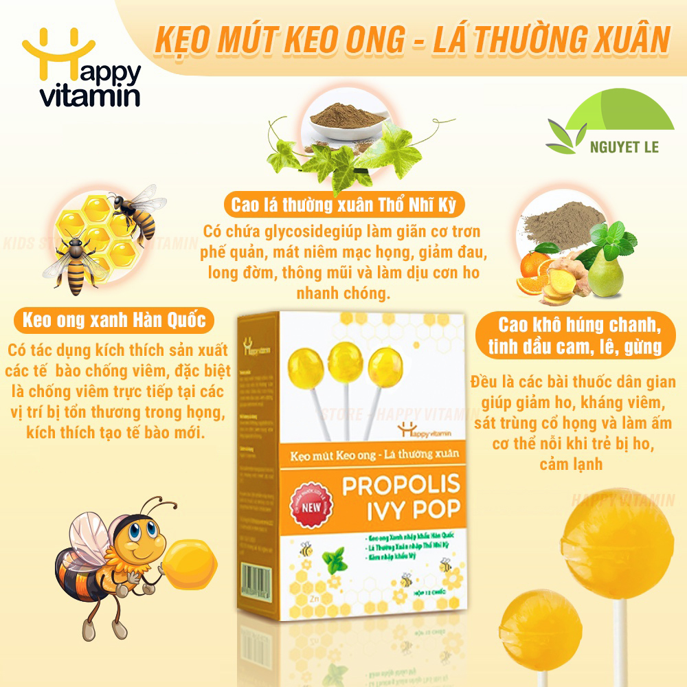 Kẹo Mút Keo Ong Lá Thường Xuân Happy Vitamin Hỗ Trợ Giảm Ho Dành Cho Trẻ