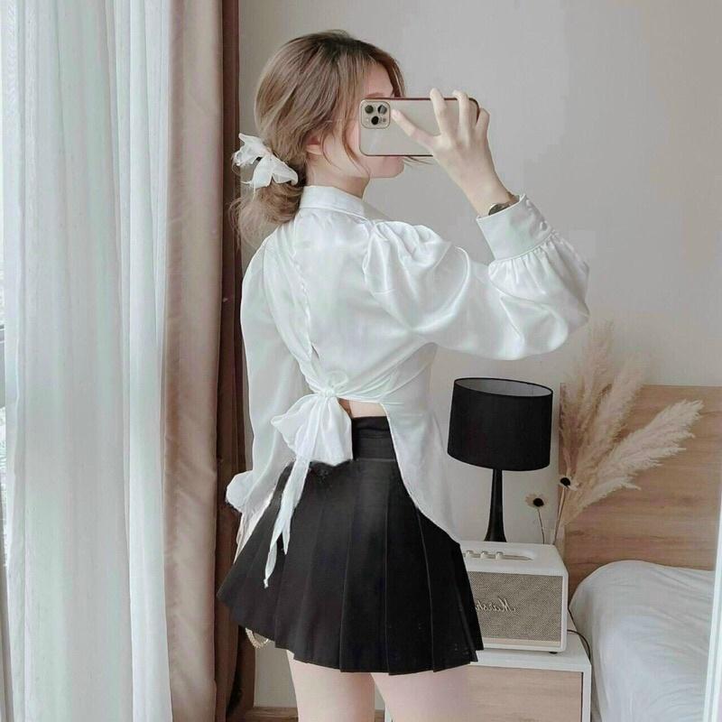 SÉT ÁO SƠ MI CÁCH ĐIỆU CỘT NƠ SAU LƯNG PHỐI CHÂN VÁY XÒE DẬP LY