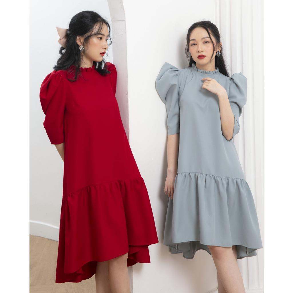 KIOBI – Đầm Altaria form suông, cổ tròn nhún bèo, tay lửng xếp phồng cổ điển, tùng lai bèo,vải cotton bố lam - KID20032L