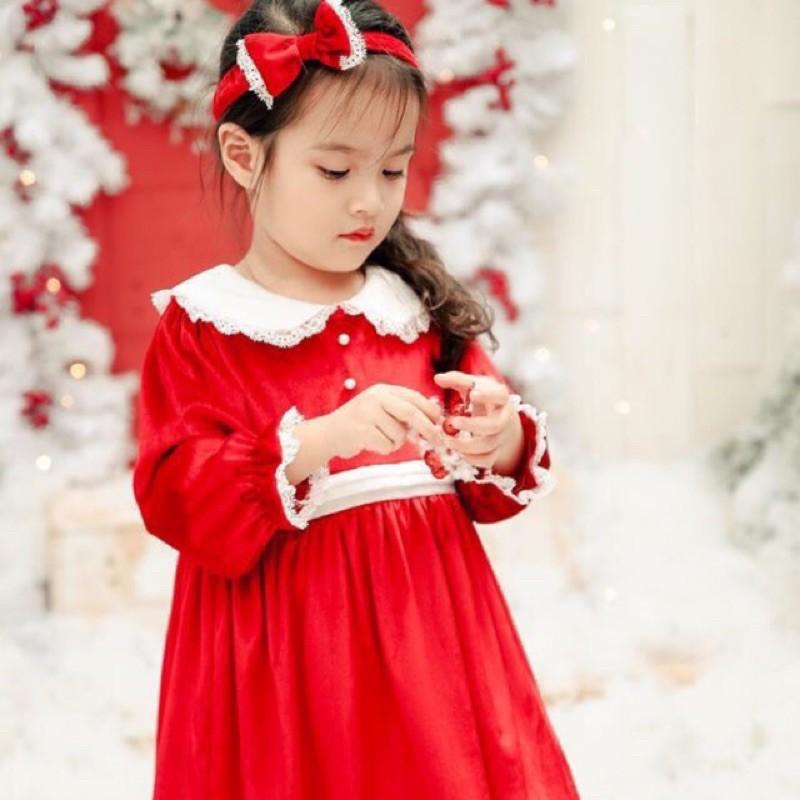 Đầm giáng sinh nhung màu đỏ mặc noel cho bé kèm nơ, múa