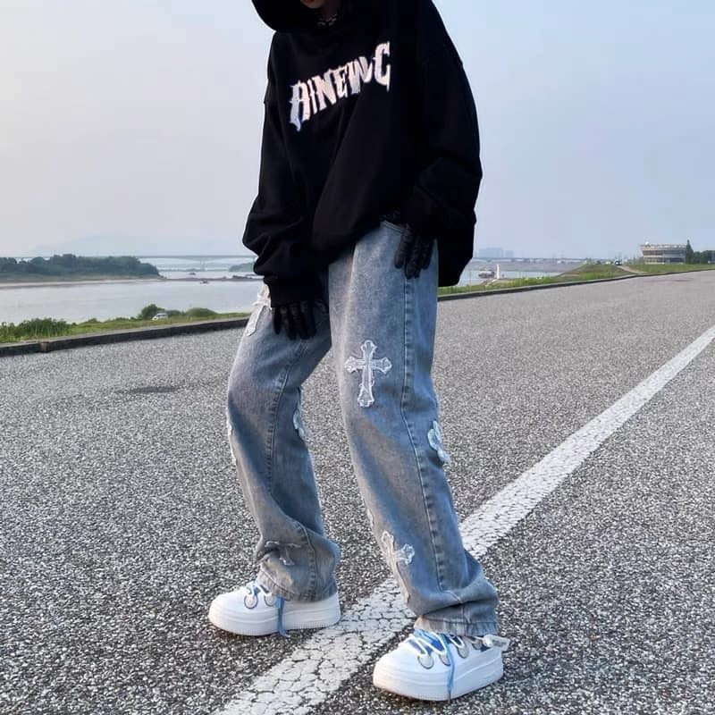 Quần Jean Nam Baggy Ống Suông Dáng Rộng In Họa Tiết Fashionjs Vải Jeans Bò Cao Cấp Hàn Quốc