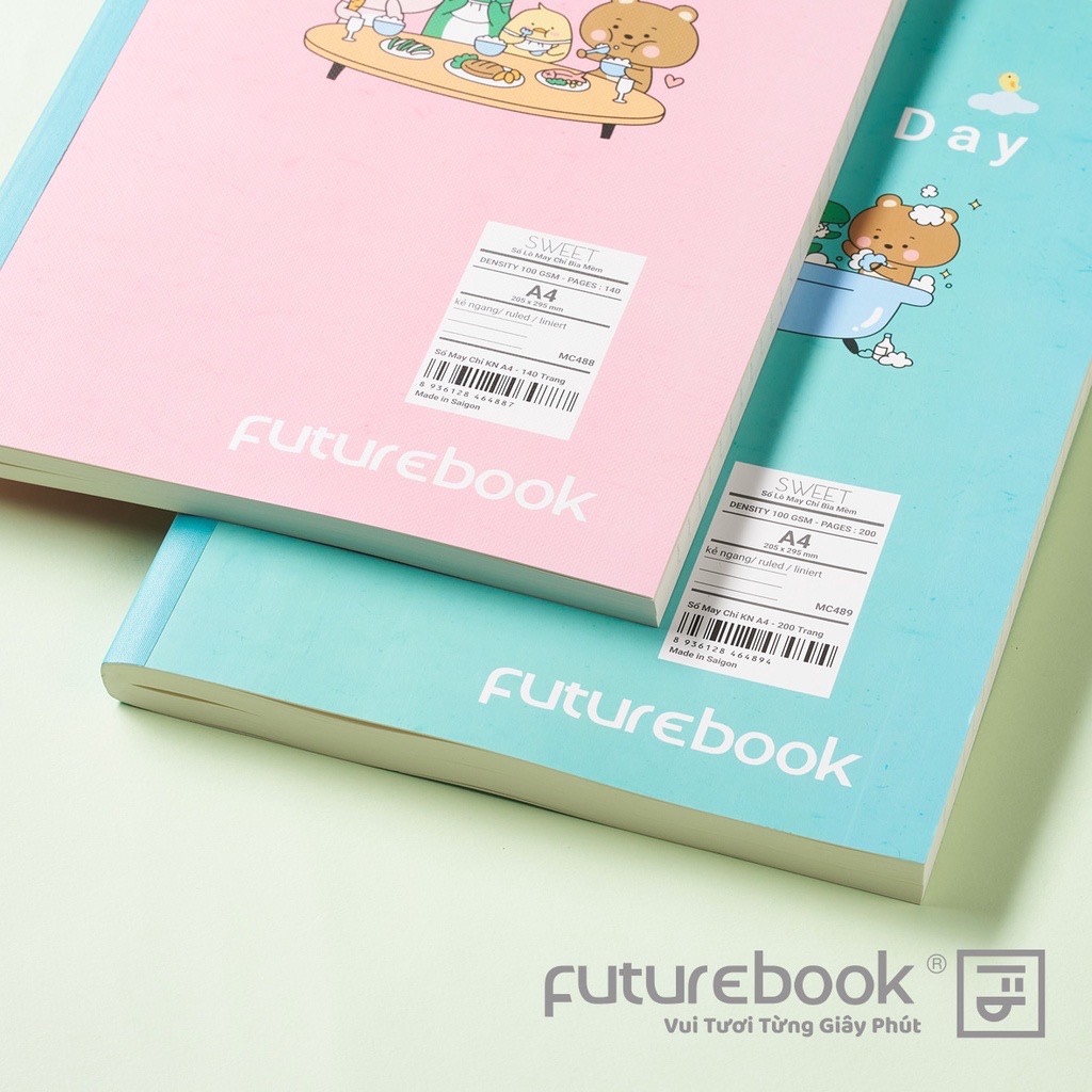 FUTUREBOOK-Sổ May Chỉ Dán Gáy Happy Day A4_Dòng Kẻ Ngang–Định Lượng 100 Gsm. 140Tr_200Tr