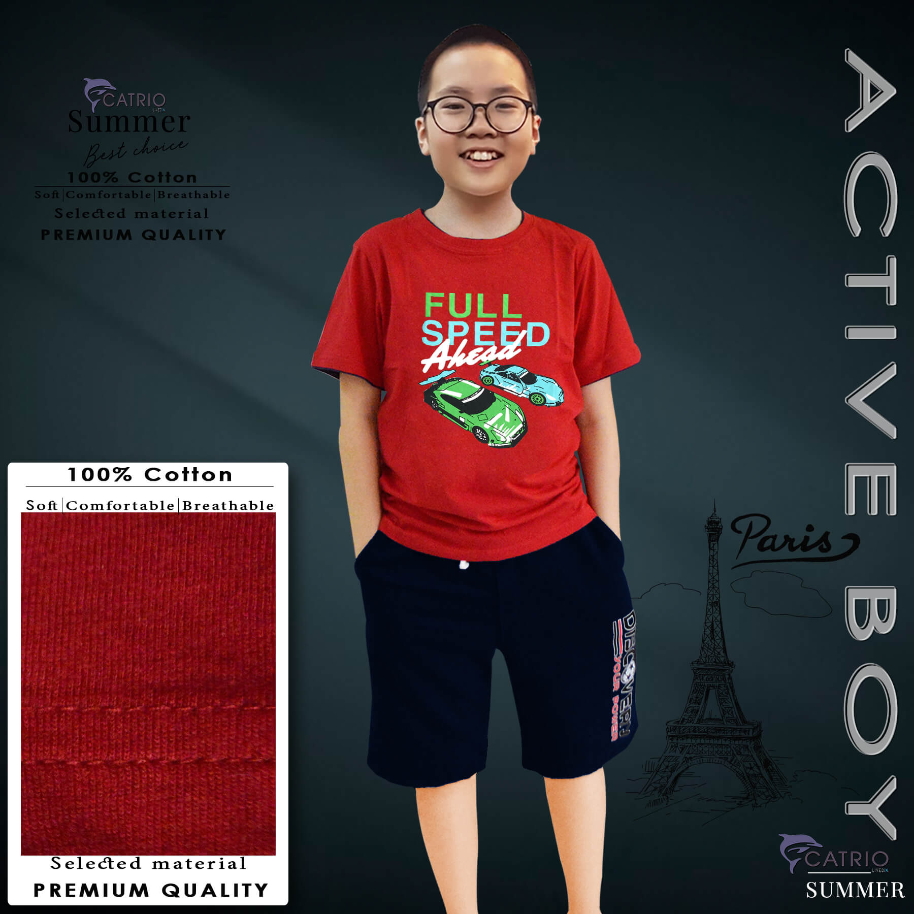 ÁO PHÔNG BÉ TRAI NGẮN TAY CATRIO là áo thun trẻ em tay ngắn từ 5 tuổi đến 12 tuổi vải 100% Cotton in FULL SPEED thuộc BST quần áo trẻ em mùa hè CATRIO màu ĐỎ