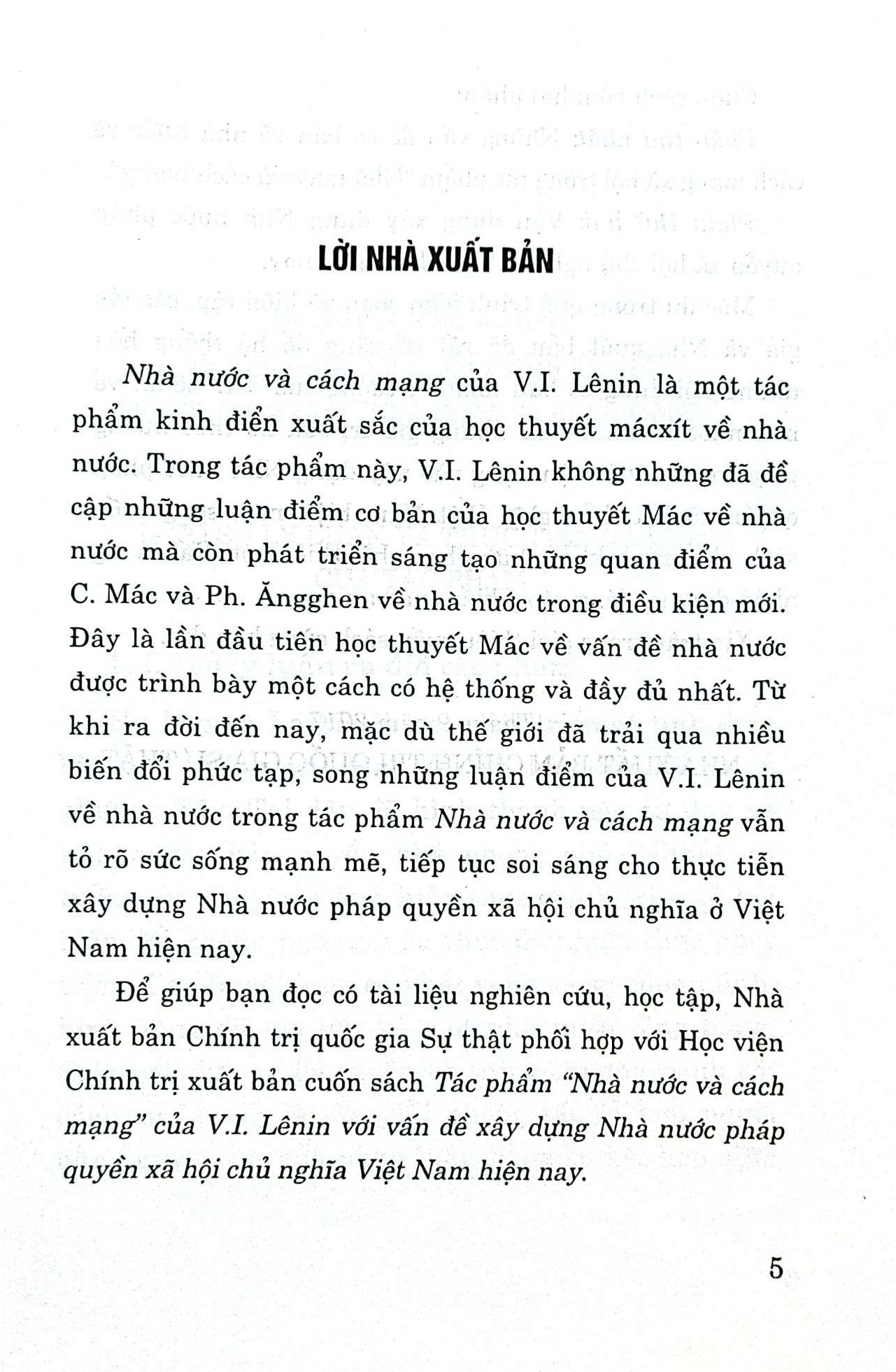 Tác phẩm &quot;Nhà nước và cách mạng&quot; của V.I.Leenin với vấn đề xây dựng nhà nước pháp quyền xã hội chủ nghĩa Việt Nam hiện nay (Sách tham khảo)