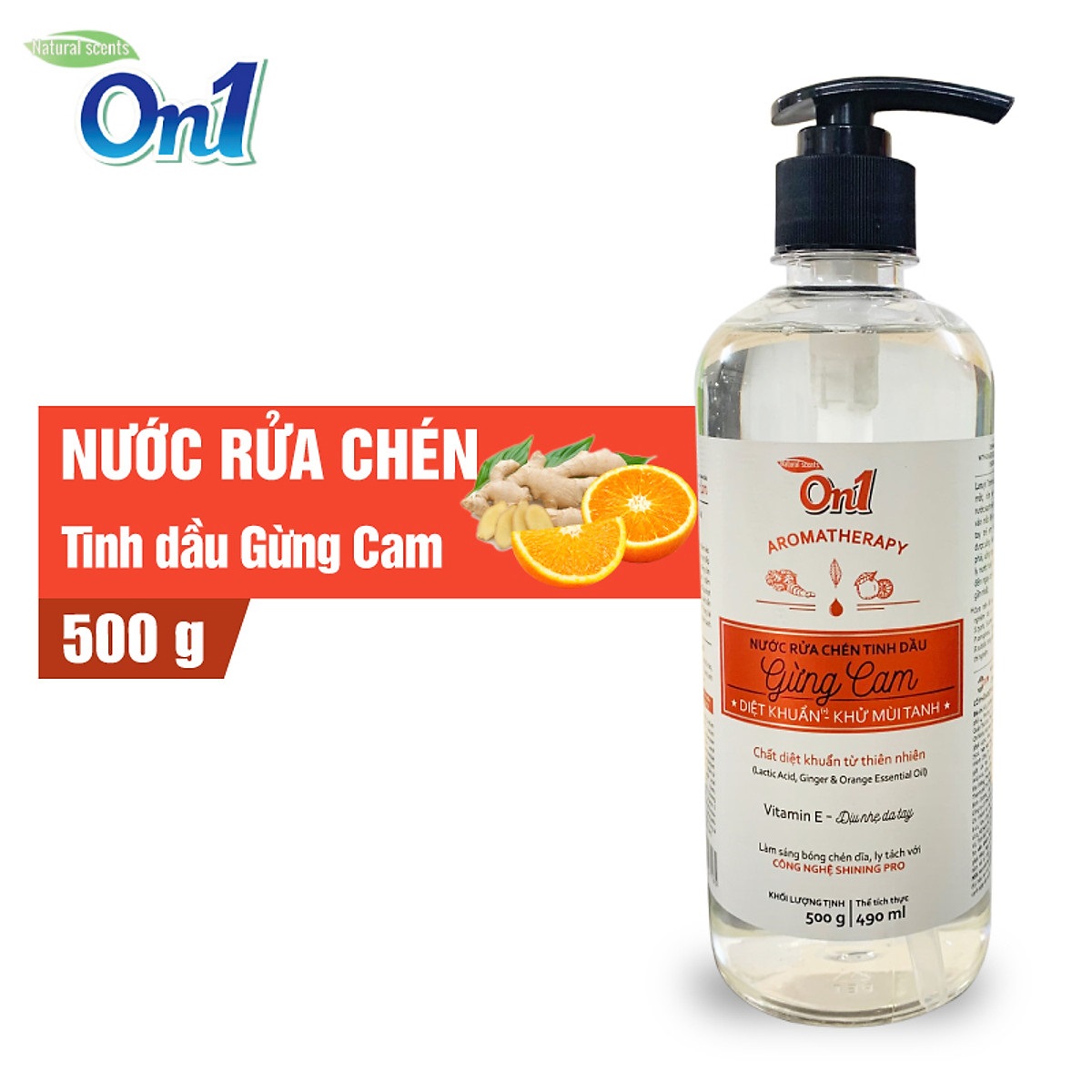 Nước rửa chén On1 tinh dầu hương gừng cam dung tích 500g N5602 - Sạch bóng vết dầu mỡ - Bảo vệ da tay