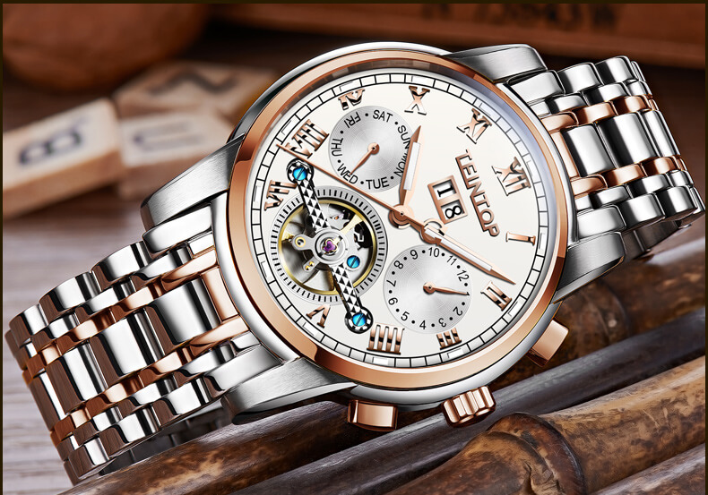 Đồng hồ nam chính hãng Teintop T7795-1 Fullbox, Kính sapphire ,chống xước,chống nước,mặt trắng vỏ vàng hồng ,thép không gỉ 316L, máy cơ , Mới 100%,Bảo hành 12 tháng,thiết kế đơn giản,sang trọng và lịch lãm