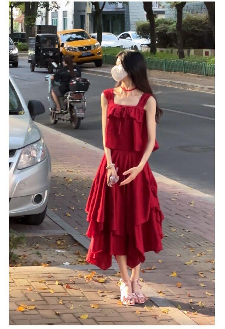 SHUANGYAN Màu đỏ phục cổ phong cách phương Tây mối tình đầu ngọt ngào xinh đẹp áo khoác da mùa hè váy cưới bờ biển chụp ảnh du lịch bãi biển váy
