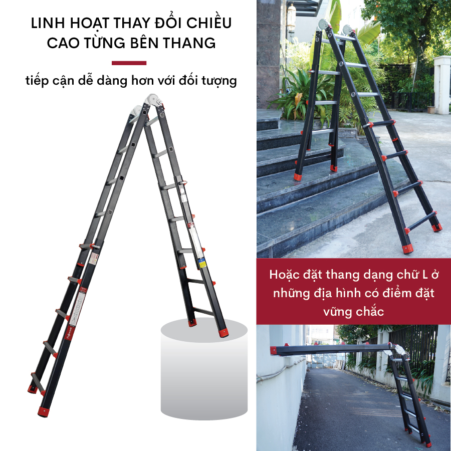 Thang nhôm FUJIHOME ML45 4 đoạn cao tối đa 5m, Hợp kim nhôm cao cấp, Xếp nhiều hình dáng