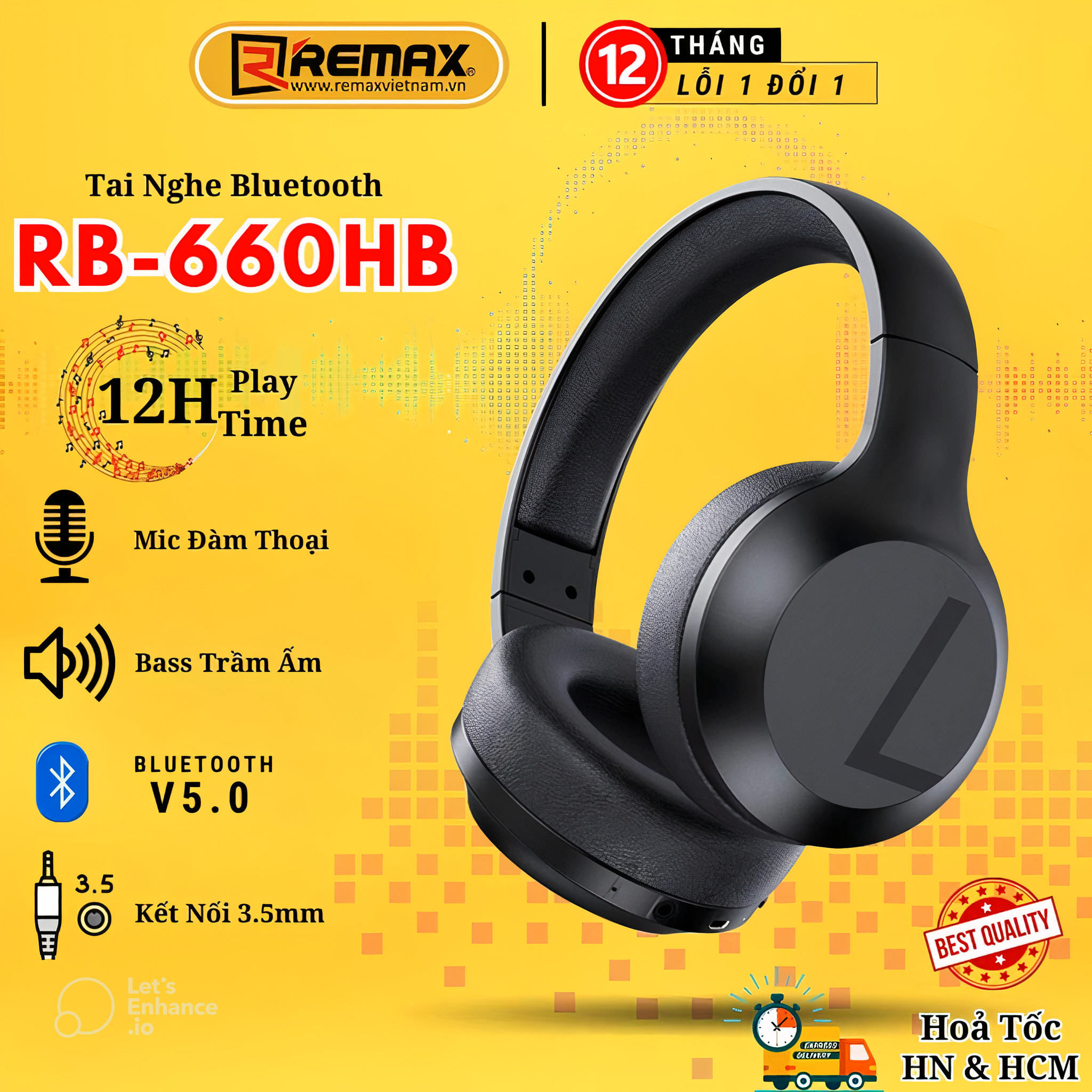 Tai nghe chụp tai không dây Remax RB-660HB - kết nối Bluetooth V5.0 và cổng 3.5mm - Hàng chính hãng Remax